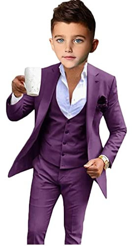 3 pz ragazzo vestito per matrimonio picco risvolto fiore ragazzo abiti slim fit ragazzi formali smoking ragazzi partito vestito, Viola, 3 anni