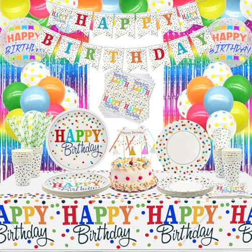 XJLANTTE 152 Piezas de Suministros para Fiestas de arcoíris, Globos de Colores, Pancarta de Lunares, Platos, servilletas, Vasos y manteles, Sirve para 20 Invitados, Juego 02