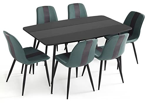 Mondeer Essgruppe, Moderner Esstisch und Polsterstuhl 6 mit Metallbeinen für Esszimmer Küche Wohnzimmer, B150 x H76,5 x T85 cm, Schwarz