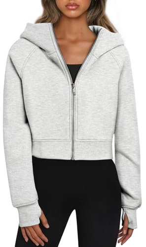 Trendy Queen Womens Zip Up Hoodies Cropped Sweatshirts Fall Outfits Casual Hooded Pullover Sweaters Tops Winter Clothes 2024, Grey, XL