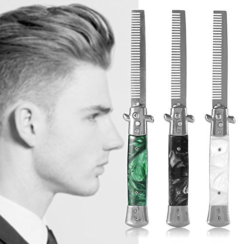 Switchblade Comb,Oil Hair Comb Metal Spring Jump Brush Pocket Oil Hair Comb with Wide and Fine Teeth For Beard, Mustache, Head Black Handle (Black)