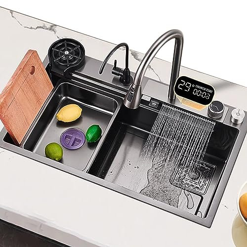 Fregadero De Cocina Negro Fregadero De Acero Inoxidable Grifo De Cascada Digital Fregadero De Un Seno Todos Los Accesorios Incluidos (S : 68x45cm)