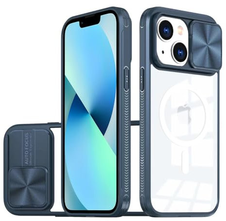 LIUKM Magnétique Coque Compatible avec iPhone 13, Cache Camera Protection, Étui avec Cache Caméra Coulissante, composé d'un Dos en PC et d'un Cadre en TPU - Bleu