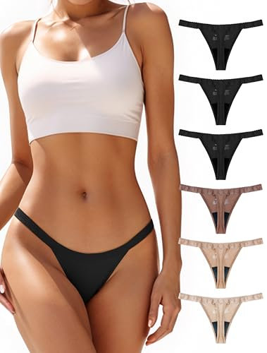 TIICHOO Periodenunterschwäsche String Sexy Spitze Menstruationsunterwäsche Thong Perioden Unterwäsche Tanga 6er Pack(XS, 3 Schwarz/Braun/Nude/Beige)