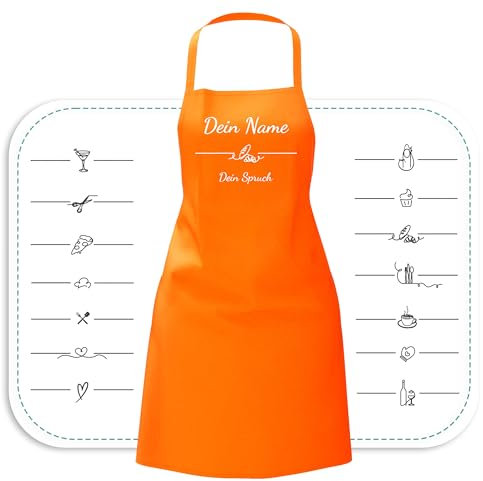 Schürze personalisiert mit Motiv & Wunschtext bestickt - Individuell personalisierte Kochschürze aus hochwertiger Baumwolle als besonderes Geschenk (Orange)