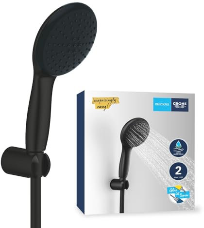 GROHE Vitalio Start 110, Ensemble de Douche avec Douchette Ronde 2 jets, Support Mural Universel, Flexible 1,75m, Economie d'Eau, A coller avec GROHE QuickGlue ou à visser, Noir Mat, 279502431
