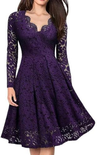 Abiti da Festa Vintage in Pizzo a Maniche Lunghe per Le Donne Abito Estivo retrò Casual a Linea Rockabilly Elegante con Scollo a V Abito Scampanato 3XL-Abito Altalena Viola-XXL