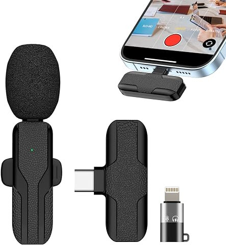 Microfono Wireless per iPhone/Androide, Plug&Play Microfoni Wireless Professionali Riduzione del Rumore, Microfono Bluetooth, Microfono Lavalier Wireless per TikTok,Youtube,Vlog Registrazione Video