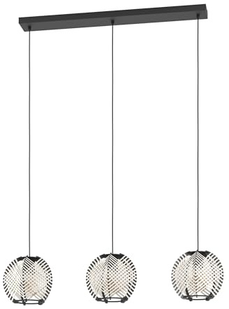 EGLO Hängelampe Waverton, Pendelleuchte über Esstisch | Esszimmerlampe 3-flammig aus Metall und Holz in Schwarz, Textil in Weiß, Hängeleuchte mit E27 Fassung, L 92 cm