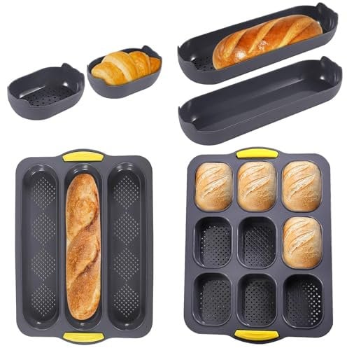 6PCS Plaque à Pain,9 Grilles Moule à Pain Poêle Perforée,3 Grilles Silicone Moule Baguettes Pain,Antiadhésif de Qualité Alimentaire,Poreux Convient pour la Cuisson du Pain Français et Des Gressins