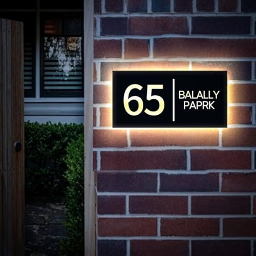 Targa con numero civico a LED personalizzata, retroilluminata, numeri civici luminosi, cartello indirizzo, targa con numero civico, segnaletica con nome stradale (40 x 20 cm)