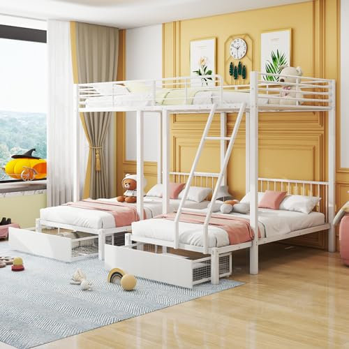 MQLAE Kinderbett Hochbett Etagenbett 3 Personen mit 2 Schubladen, umwandelbar in 140 x 200 Doppelbett und Zwei 90 x 200 Einzelbetten, Jugendbett Funktionsbett Metallrahmenbett Familienbett, Weiß