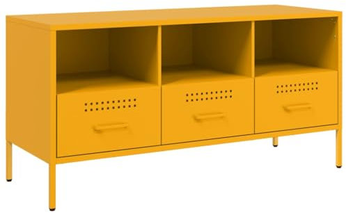 vidaXL TV Cabinet Stand Unit Media Console - Mustard Yellow Cold-Rolled Steel, Adjustable Feet, Ample Storage for Living Room/Bedroom - 100.5x39x50.5 cm