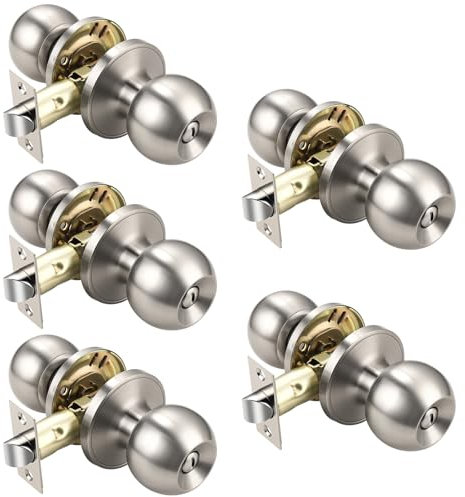 KNOBWELL Lot de 5 boutons de porte en nickel brossé pour chambre à coucher, salle de bain, porte intérieure avec boule ronde, sans clé, avec serrure, poignée de porte intérieure