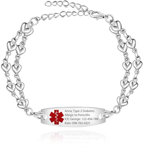 Oneress Pulsera médica de acero inoxidable ajustable de doble capa con diseño de cadena en forma de corazón con pulsera de alerta roja, grabado personalizado, identificación médica para mujer