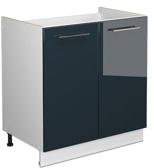 Vicco Spülenunterschrank Fame-Line, Dunkelblau Hochglanz/Weiß, 80 cm, AP Marmor