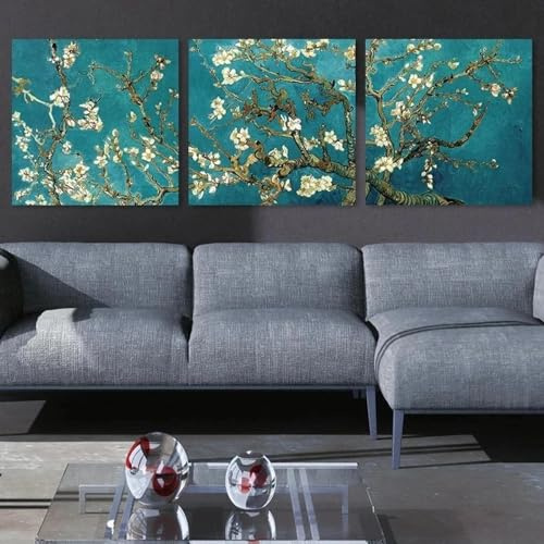 BMGKYAGL Classic Flowers Canvas Posters Plants Blue Wall Art Poster Pirnt Apricot blossom Tree on Canvas Paintings Home Decor 50x50cmx3 Frameless