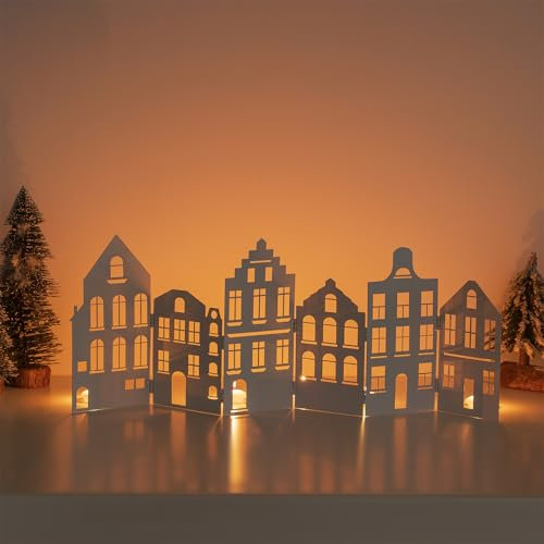 Sziqiqi Häuser Klappbar für Weihnachtsdeko Fensterdeko: 70 cm Metall Haus Silhouette Kerzenhalter für Stumpenkerzen - Weißes Weihnachtsdorf Teelichthalter Kerzenständer für Fensterbank Kamin Fireplace