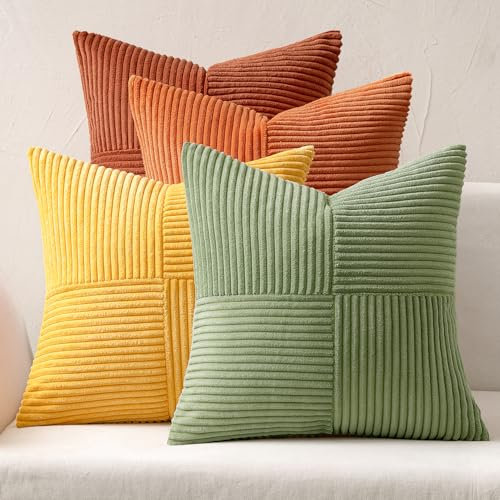 MIULEE 4er Set Kordsamt Kissenbezug Patchwork Kissenhülle Weich Dekokissen Modern Unsichtbarer Reißverschluss Sofakissen Zierkissen für Sofa Wohnzimmer Schlafzimmer Orange Grün Serie 50x50 cm
