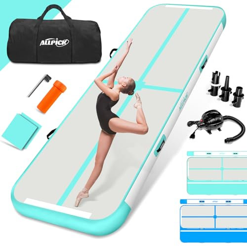 ALLPICK Turnmatte Aufblasbar mit elektrischer Luftpumpe, Länge 3/4/5/6 m Trainingsmatte, 10/20 cm hoch Tumbling Matte, Doppelseitiges Design Aufblasbar für Gymnastikmatte, Yoga Grün 600 * 100 * 10 cm