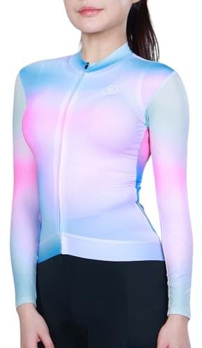 INBIKE Cycling Jersey Women Long Sleeve, Breathable Quick Dry Bike Shirt with 3 Rear Pockets, Reflective Biking Tops, Pink-blue, M