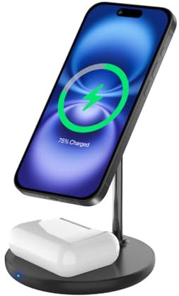 Volta Caricatore Wireless Magnetico 2 in 1 Compatibile MagSafe, Caricatore Wireless Compatibile con iPhone 16/15/14/13/12 Serie, AirPods Pro
