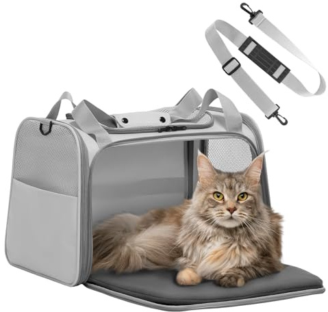 Petsfit Katzentragetasche, groß bis 12 kg, Haustier-Tragetasche mit ausziehbarer Fleece-Matte, Hundetragetasche mit Sicherheitsleine für Welpen, für Auto, 50 x 33 x 33 cm, Grau
