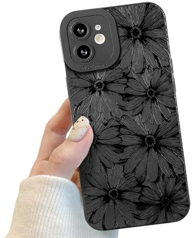 Black Daisy Flower Floral Phone Case for iPhone 11, Black Cute Daisy Flower Floral Pattern for Women Girls, Soft TPU Slim Profile Shockproof Protective Phone Case for iPhone 11