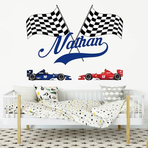 Race Car Wall Decal with Custom Name, Race Flag Sticker for Kids Room, Nursery or Living Room, Name and Color Can Be Customized