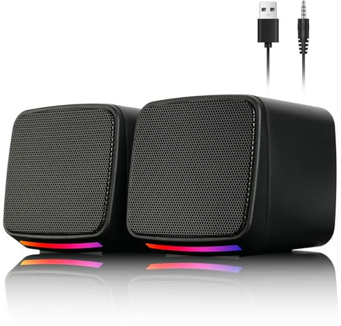 Vicloon PC Speakers, 2.0 Speakers for PC or Laptop, USB-Powered Compact Speaker, 3.5mm Aux input, Colorful RGB Lights, 1 Pair, Black