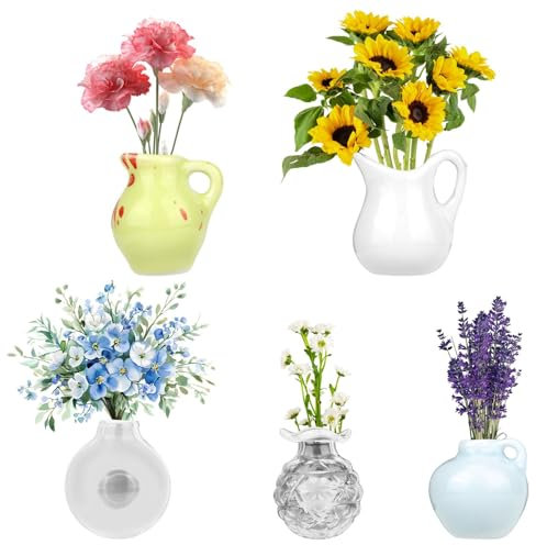 Gosknor 5pcs Mini Vase Magnets for Fridge, Ceramic Tiny 3D Plant Magnets Funny Plant Vase Fridge Decoration for Refrigerator Kitchen Locker Office Decor