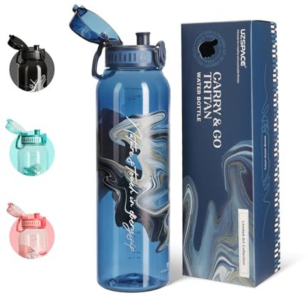 UZSPACE Trinkflasche Sport Wasserflasche 1-Liter, auslaufsicher Flasche, spülmaschinenfest, Ein-klick-Öffnung, kohlensäure geeignet, BPA-frei, Frauen Sportflasche für yoga gym fahrrad wandern,Blau