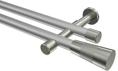 INTERDECO Gardinenstange 20 mm 2-läufig Silbergrau/Edelstahl-Optik 260 cm | aus Metall, für Wandmontage, Endstück Tanara (Konus), ohne Ringe, kürzbar, Traglast bis 13 kg, Modern