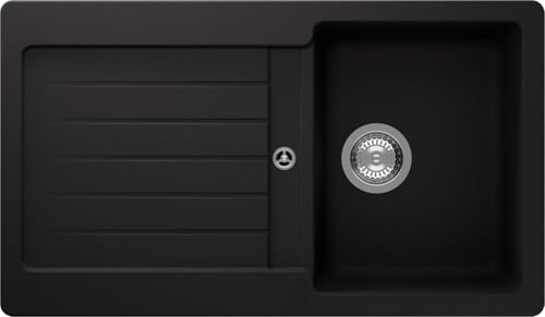 Respekta Austin Massivgranit Spüle 86 x 50 / Hitzebeständig/Abgeschrägte Abtropffläche/Einbau-und Unterbaumontage / 1 Becken/für Unterschränke ab 45 cm Breite/Schwarz