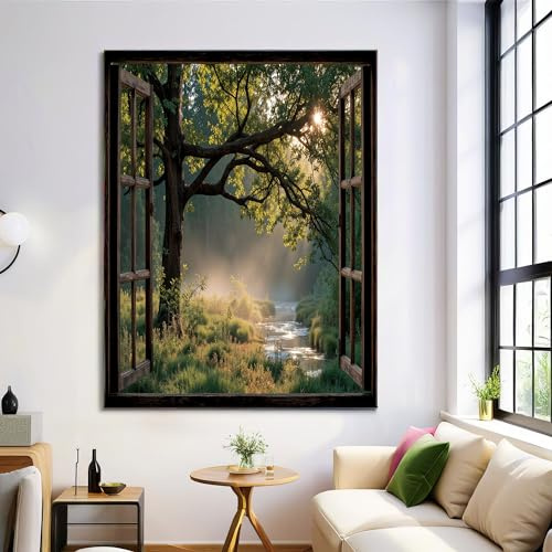 Forest River Ohne Rahmen Leinwandbilder Rustikale Holzfenster Dunkelgrün Bild Poster Auf Leinwand Malerei Wandkunst Wandbilder Wanddeko Wohnzimmer Schlafzimmer Dekorationen 50X70Cm