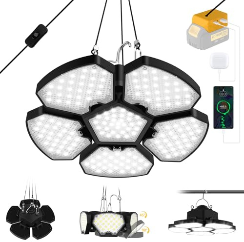 T-SUNUS LED Pendant Light Compatible with de-Walt 20V Battery, 65W 6500LM Flood and Ceiling Light with USB & Type-C Charging Port, 5+1 Deformable Panels, for Shed, Garage, Work, Job Site, Camping