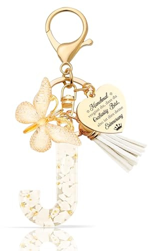 Anruzon Schlüsselanhänger Mädchen Buchstabe - Schlüsselanhänger mit Anfangsbuchstaben Schlüssel Anhänger - Weihnachten - Einschulung Geschenk - Keychain Geschenk für Kinder, Mädchen, Frauen (J, Beige)