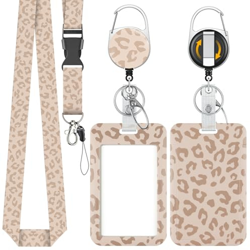 Uniclife Fashionabla glidande ID-kortsbehållare ljusbrun leopardmönster plastfodral med utdragbart rullkort med karbinhake avtagbar axelrem vertikal korthållare kontorsarbetare