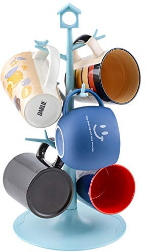 World Backyard 6 Mugs Holder Tree Cups Hanging Stand (Blue with Bird & House Sign)