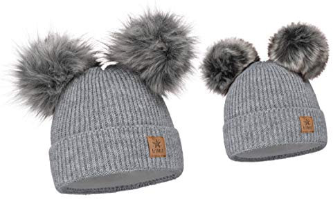 ELIMELI Eltern-Kind Mütze Mädchen Warme Wintermütze für Mutter und Tochter Mütze Damen Winter mit Zwei Bommeln Slouch Strick Beanie Damen Bommelmütze Kinder Mama und Baby Cap Set 3 (Grau)