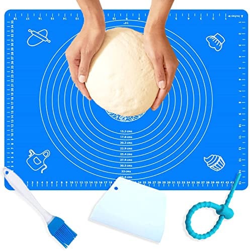 Antihaftbeschichtete und rutschfeste Silikon-Backmatte, 50 x 40 cm, Fondantmatte, Teigrollmatte, Backpinsel, Teigschaber, Schneider und wiederverwendbare Wickelkrawatte (blau)