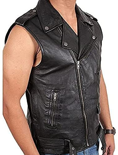 HiFacon Herren Motorrad-Weste, echtes Schaffell, Vintage, Schwarz Gr. XL, Schwarz – mehrere Taschen