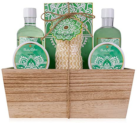 Accentra - Kit de douche pour femmes Coffret cadeau ALOE VERA dans un panier en bois - Kit de soins 6 pièces avec gel douche, bain moussant, sels de bain, lotion pour le corps, etc.