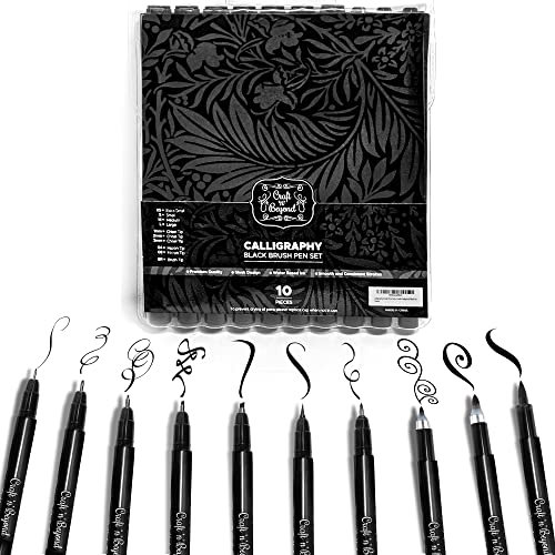 Craft 'n' Beyond Kalligraphie-Pinselstifte 10 Stück Marker für Handlettering, Kunstzeichnung, Skizzieren, Scrapbooking, Journaling – Anfänger-Kit mit farbechter schwarzer Tinte