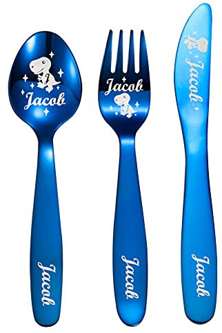 Juego personalizado de 3 piezas de vajilla de dinosaurio infantil con diseño personalizado y nombre vajilla de acero inoxidable seguridad infantil - cuchara + tenedor + cuchillo