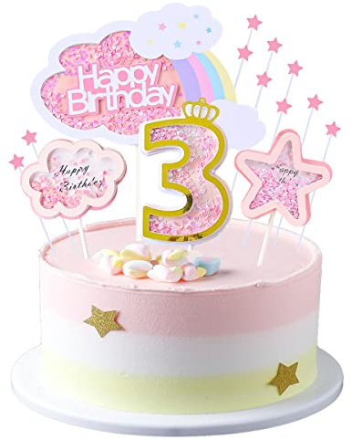 Kawailay 3 Geburtstag Tortendeko Mädchen 3st Geburtstag Kuchendeko Happy Birthday Regenbogen Cake Topper Wolken Sterne Kuchen Deckel für Mädchen Geburtstag Rosa, Kawailay-208