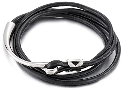 BCughia Gothic Armband, Lederarmband Breit Silber Edelstahl Mehrschichtiger Angelhaken Valentinstag Schmuck Geschenk für Jungs 40cmx3.5mm