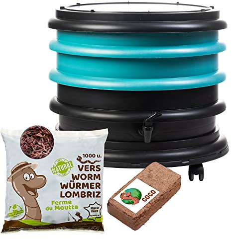 WORMbox | Wurmkomposter Wurmfarm Wurmkiste mit 2 Schalen Türkis + 500g Kompostwürmer / 1000 STK + 1 Coco | 32 Liter | Regenwurmkomposter, Kompostwürmer produzieren Wurmhumus