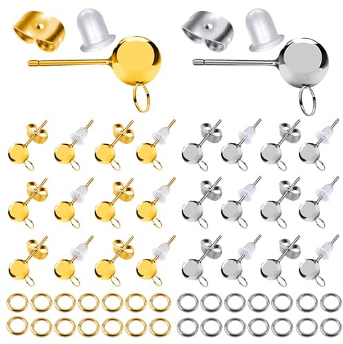 TOAOB 140pcs Boucles D'oreilles Poteaux en Acier Inoxydable 4mm Clous D'oreilles Boule Argent et Or avec Dos Papillon Apprêt et Fermoirs en Silicone pour Accessoires de Bijoux Fabrication Création