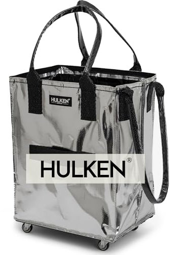 HULKEN - Medium Silver Shopping Trolley on Wheels Foldable & Reusable - Rolling Shopping Bag with Wheels - Wheeled Tote - 66 lb Limit, Zipper Closure, Water-Resistance, & Unbreakable Handles